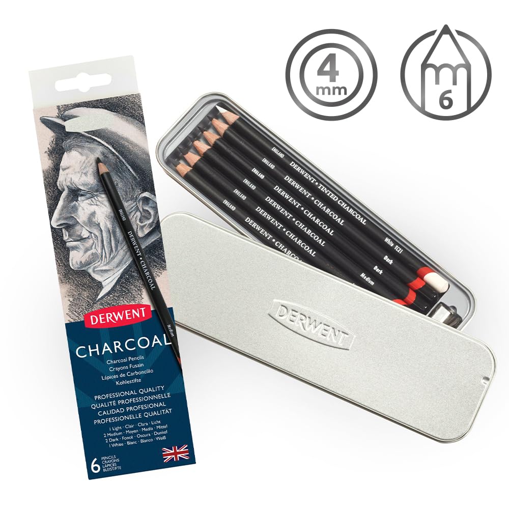 Derwent Charcoal Set of Metal 0700838 Pencils, 6, Case,