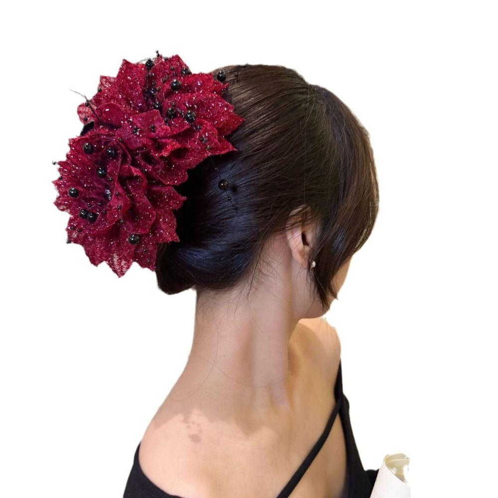 Peony Flower Hair Claw Sequin Shark Clip Fashion Grasping Clip  Women