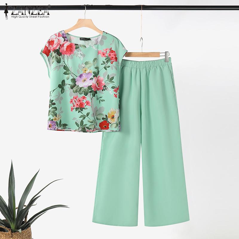 

ZANZEA Женские цветочные блузки и брюки Летние комплекты из двух предметов M зелёный