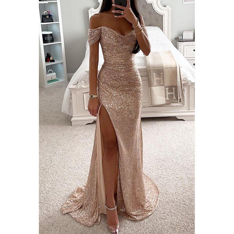 

Fashion Women Bronzing Split Slim fit Long dress Evening dress Sexy Slim Fitting Evening Dress Champagne color XL