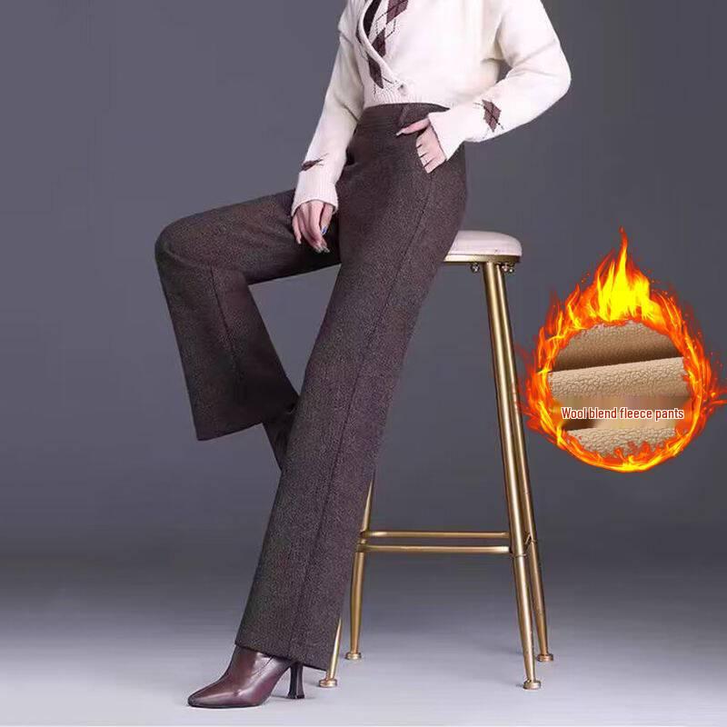 Pantalones de Lana de Cintura Alta con Terciopelo para Mujer Talla Grande - Gruesos, Adelgazantes, Corte Holgado para Otoño e Invierno