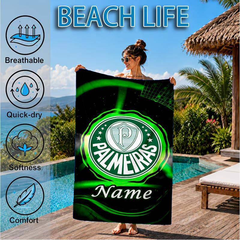 Custom Name Beach Towel Green Palm Tree Emblem Microfiber Beach Towel, Lightweight for Summer Travel, Swimming Pool Fan Birthday Gift