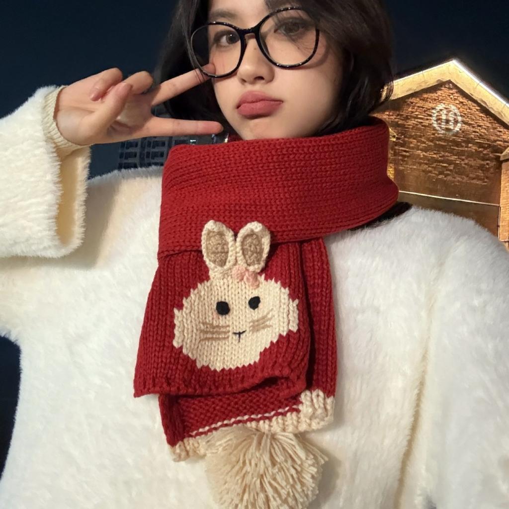 Japanese style Cartoon Cute Rabbit Knitted Woolen Scarf for Women in Autumn and Winter Korean Style Versatile and Warm Faux Cashmere Scarf Trend
