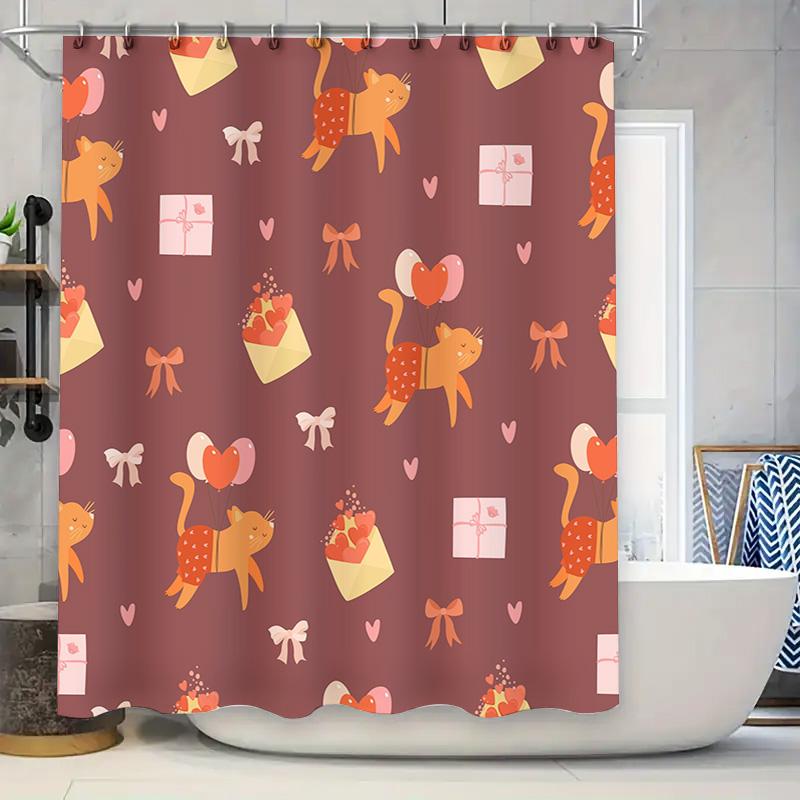 

Valentine S Day Shower Curtain Decor Romantic Cat Print Bathroom Accessories Sets For Home Decoration Pink Gift Box Heart Patter W60H190(CM)-1 Pcs