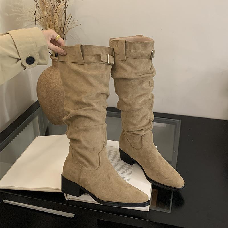 

2025 new pointed high-heeled stacking boots long boots women s new autumn and winter matte suede thin long tube knight boots 39 хаки