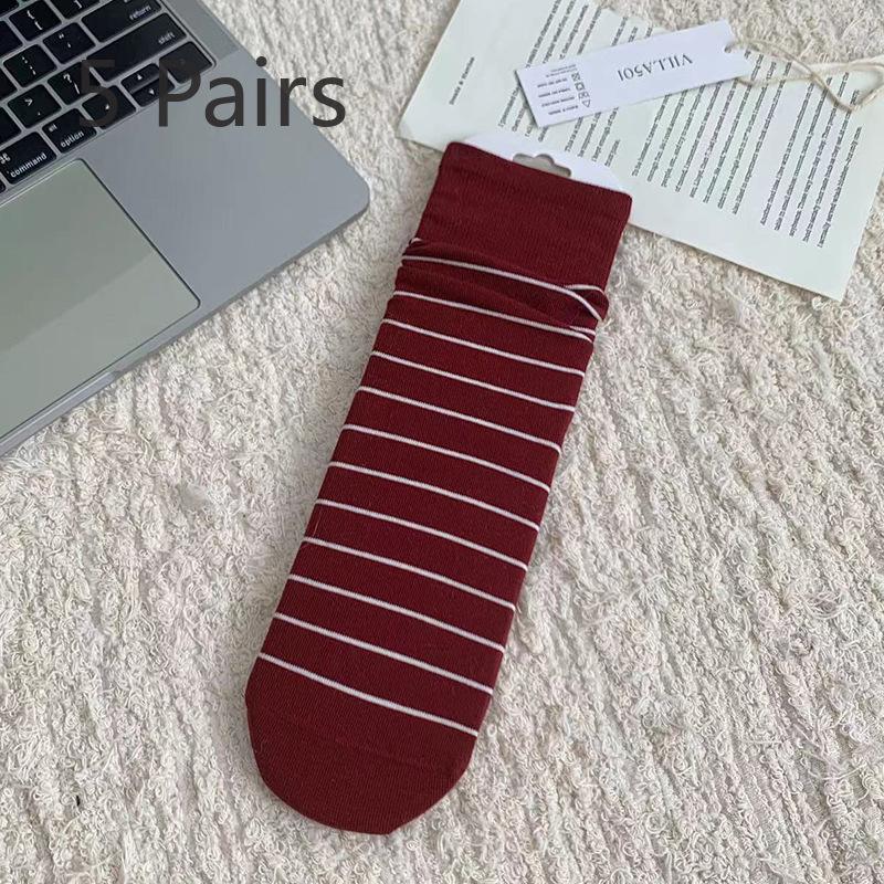 5 Pairs  Autumn and Winter Ankora Red Socks Women Straight Board Boneless Cotton Mid-calf Hundred Stripes Polka Dot Stacked Socks