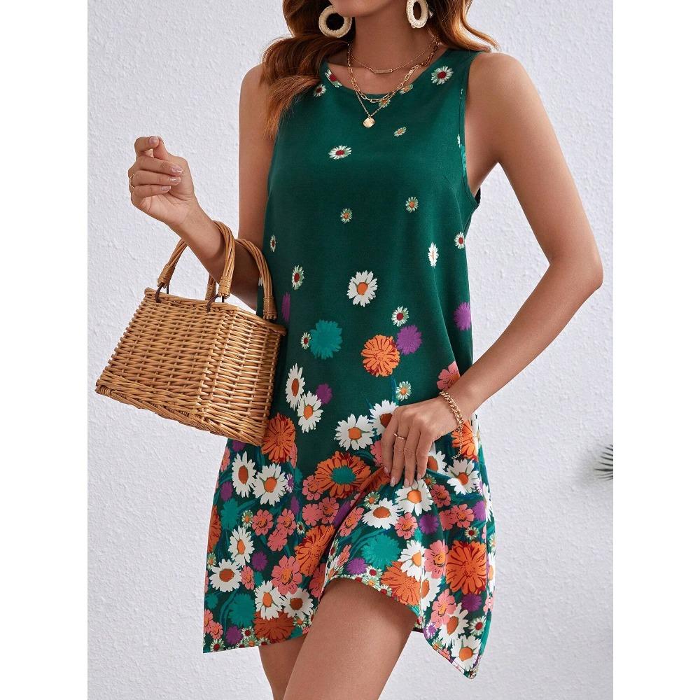 Women's Floral Print Round Neck Dress, Fashion Casual Sleeveless Short Dress for Daily Outdoor Wear, Ladies Dress for Summer