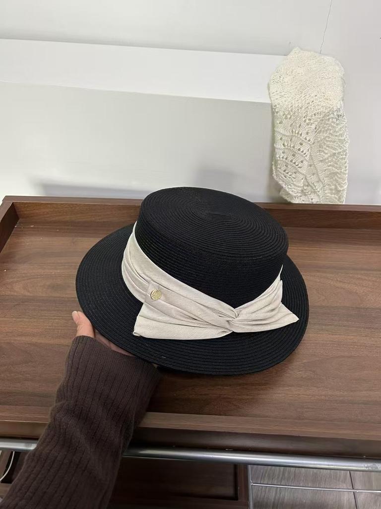 Eleganter Strohhut mit flachem Oberteil für Damen, Frühling und Sommer, hohe Qualität, Reise, vielseitig, Schleife, lässig, Shopping, Sonnenhut