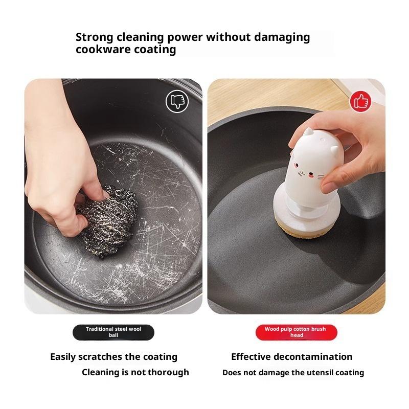 Cute Cat Kitchen Bru Sponge Dishcloth Pot Brush Wood Pulp Cotton Magic Cleaner Brush Special Tool For Kitchen Burning