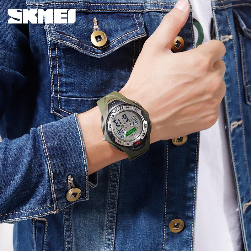 Skmei Fashion Casual Men Brand Watch Auto Date Alarm 50M Waterproof PU Dual Display Men Sports Watch
