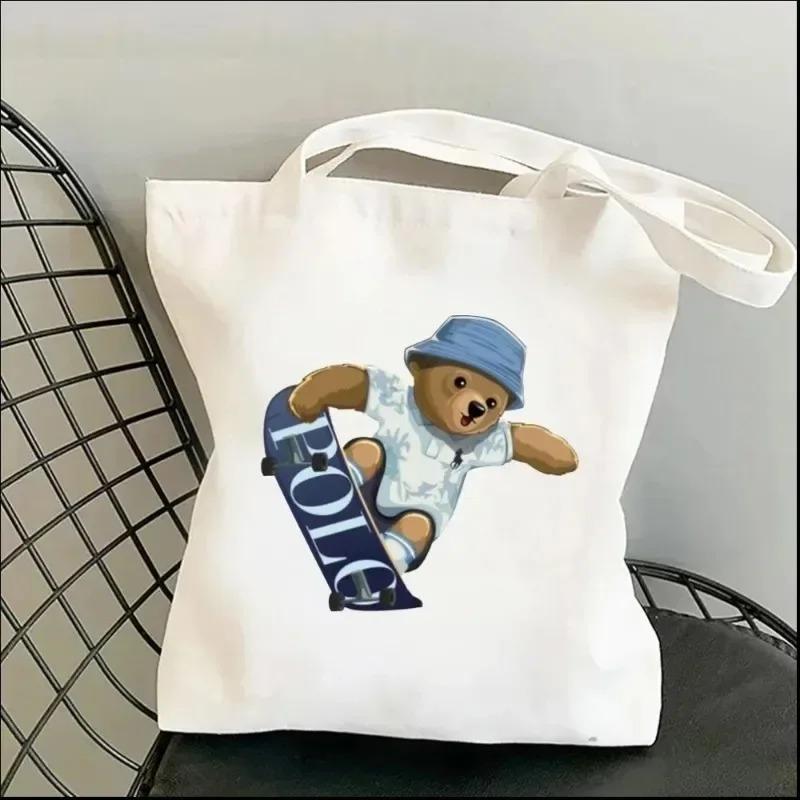 Harajuku Cute Bear Art Shoulder Bags Kawaii Tote Handbag Canvas Girl Environmental Large Capacity Portable Shopping Bag