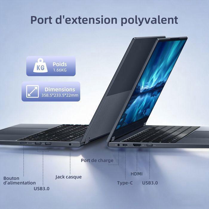 AI PC Portable 15,6"2-en-1 Tactile Full HD,AMD Ryzen 5 7430U(jusqu'à 4 Ghz),DDR4 16G0 RAM 512Go SSD,Windows11 PRO,HDMl