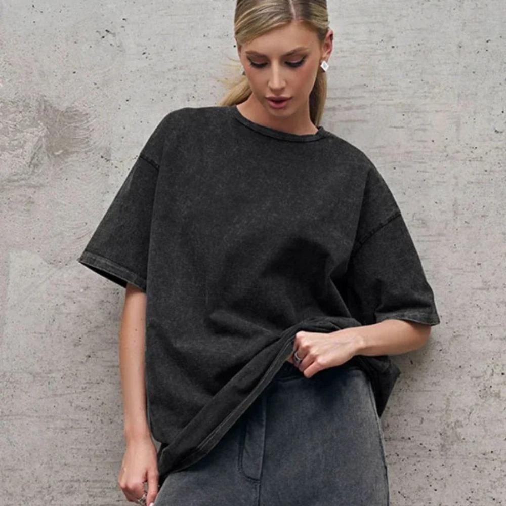 100% Baumwolle Retro T-Shirt Damen Vintage Kurzarm Wachsdruck T-Shirts Herren Einfarbig Hip Hop Lockeres T-Shirt