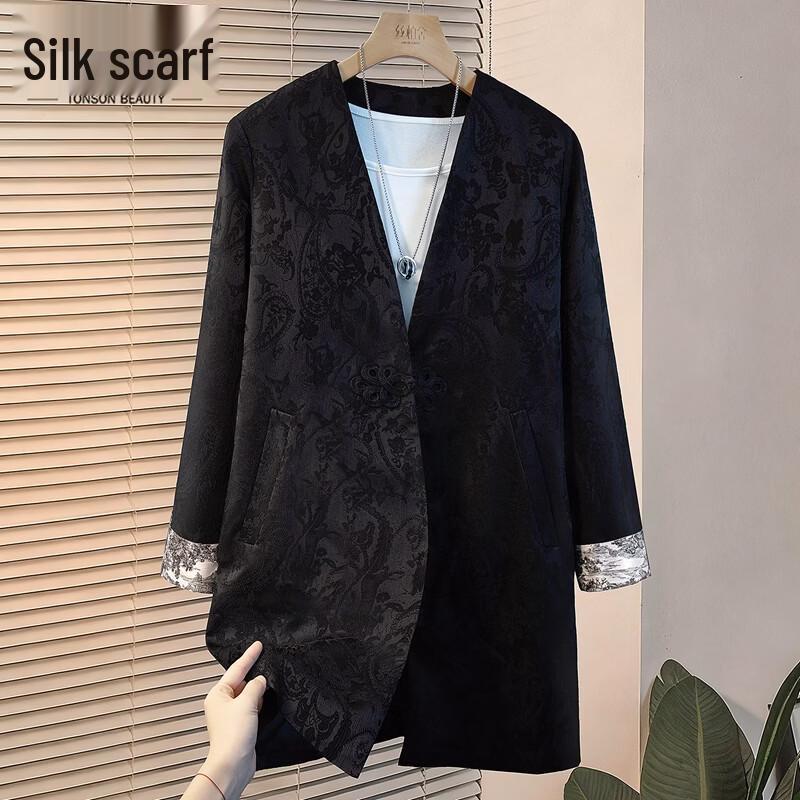 

Women s Retro Jacquard Spliced V-Neck Knot Button Coat S