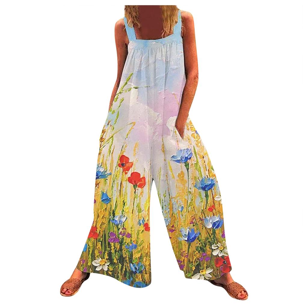 Damen-Overall, lässiger Druck, weites Bein, Overall, Latzhose, ärmellose Träger mit Taschen, Outfits