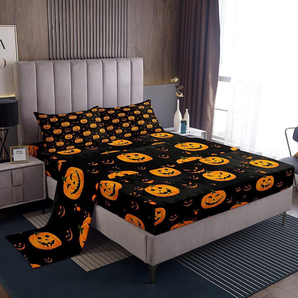 Halloween-Themed Pumpkin Pattern Bed Hat Four-Piece Bedding Set Bedroom Dormitory Bedding Decoration
