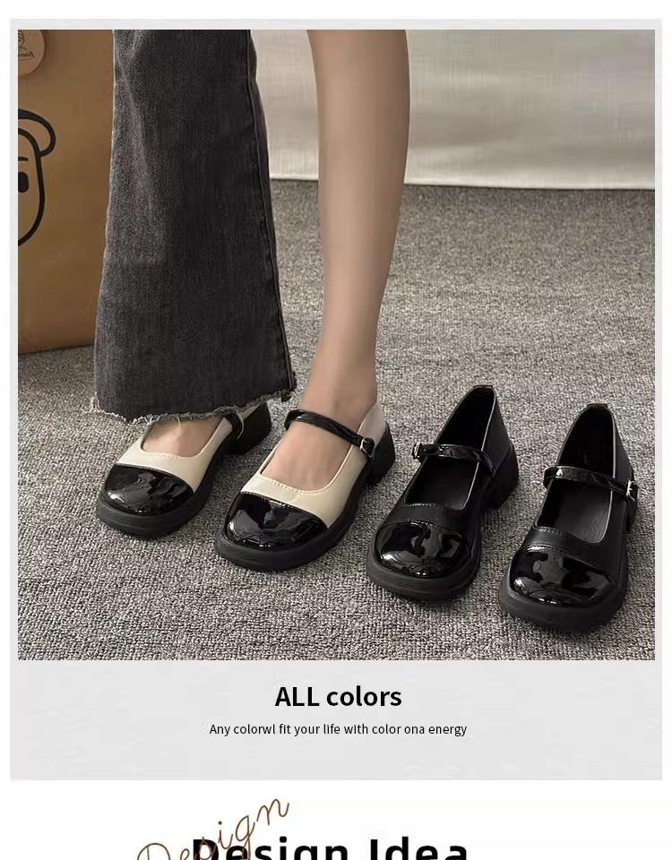 Leather shoes for women 2026 new spring small fragrance style color blocked round toe thick sole shallow mouth coarse single