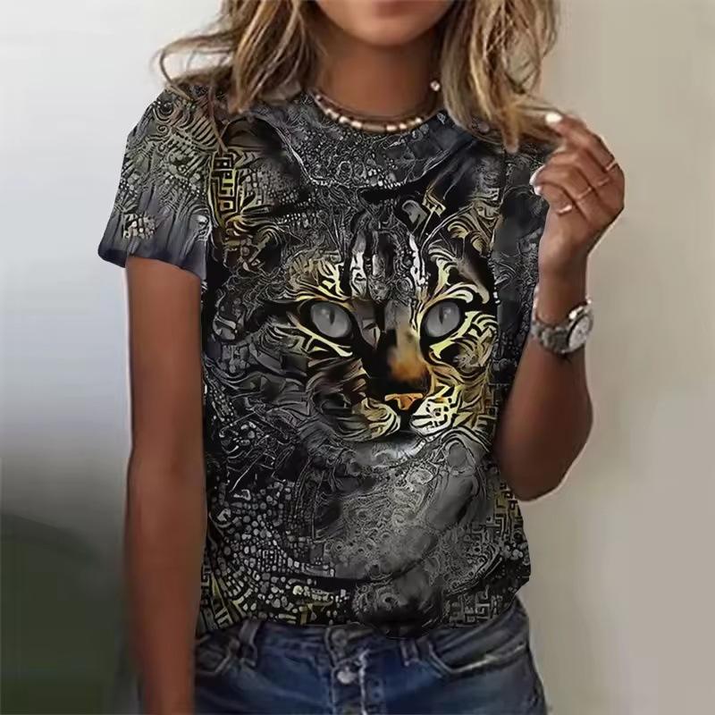 Summer Round Neck 3D Cat Pattern Print Top Fashionable Casual Short Sleeved Women's T-shirts
