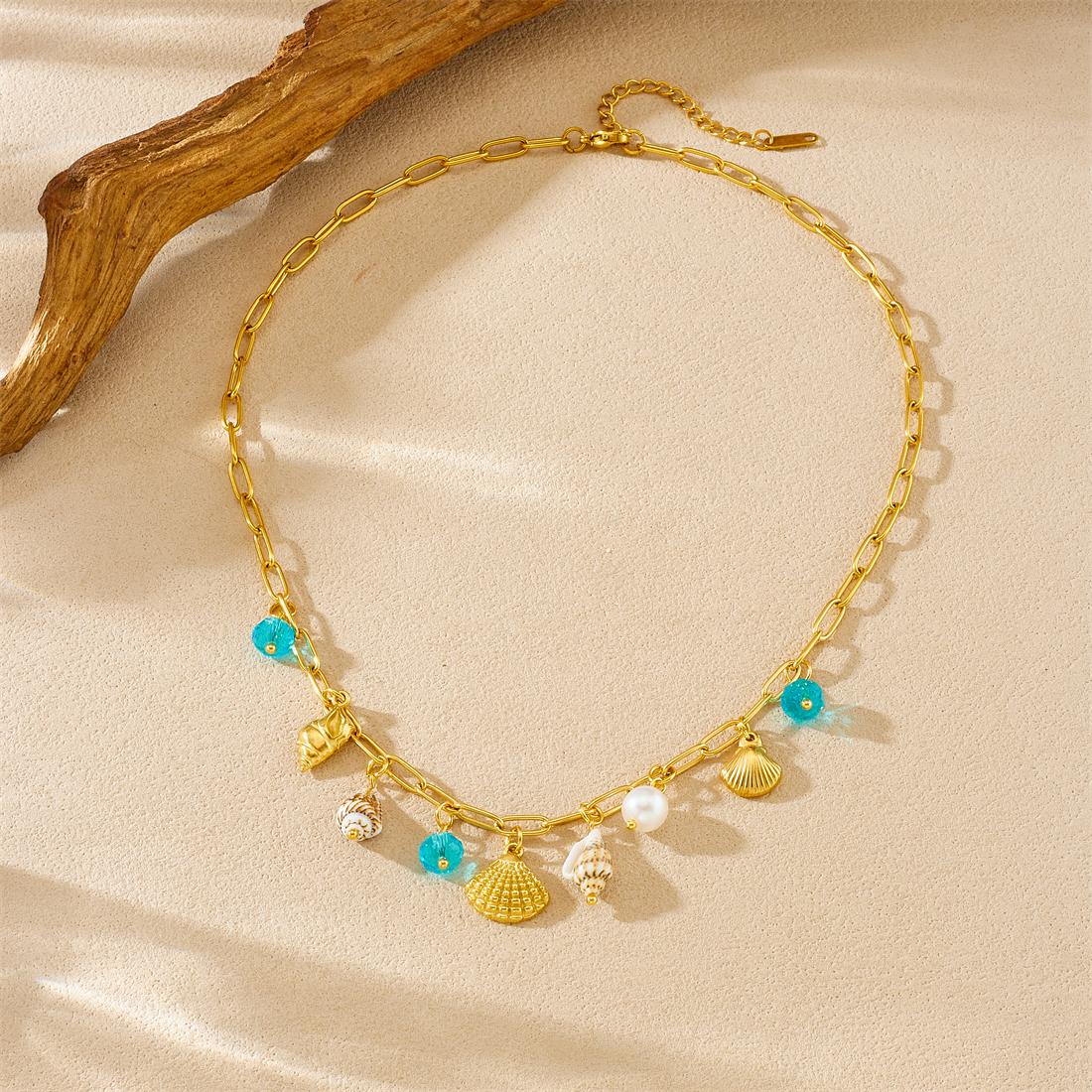 

316L Stainless Steel Blue Crystal Shell Conch Pearl Pendant Necklace Women Fresh Ocean Style Neck Chain Jewelry Gifts