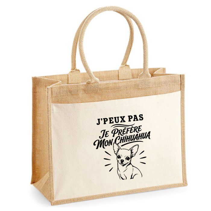 Sac Cabas Jute - PLANETEE - J'peux pas je préfère mon Chihuahua - Toile jute et coton - 21 L (43×33×21 cm) - Illustration trait noir