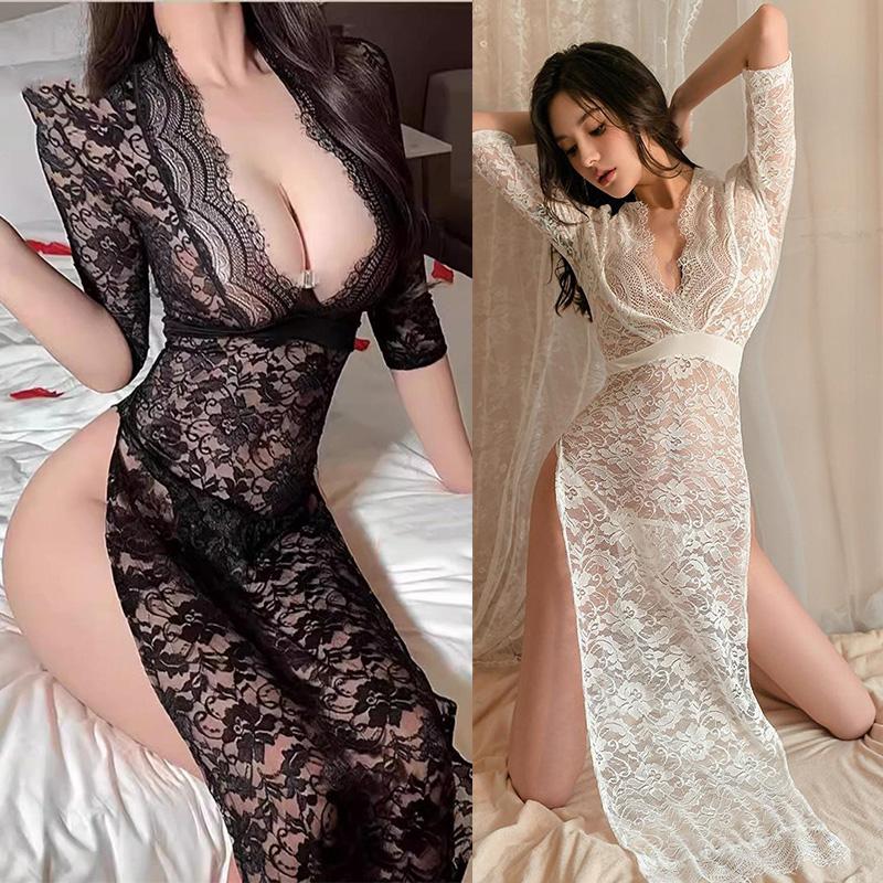 Sexy lingerie Lace tight slit deep V-long skirt with transparent hollow out passionate Plus size dresses sexy clothes latex sexy