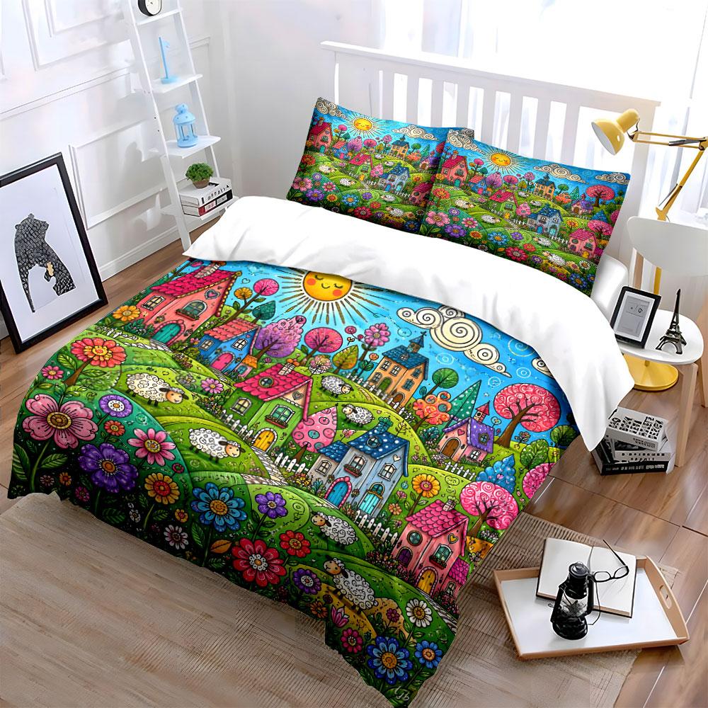 Colorful Village And Sunshine Cartoon Print Soft Comfortable Duvet Cover Bedding Set Included 1*Duvet Cover 2*Pillowcases