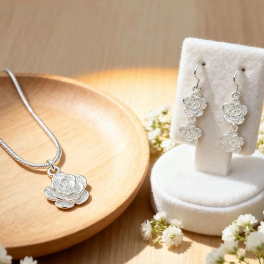 Copper Cute Rose Flower Necklace Earrings for Woman Fashion Designer Jewelry Sets Engagement Wedding Gift