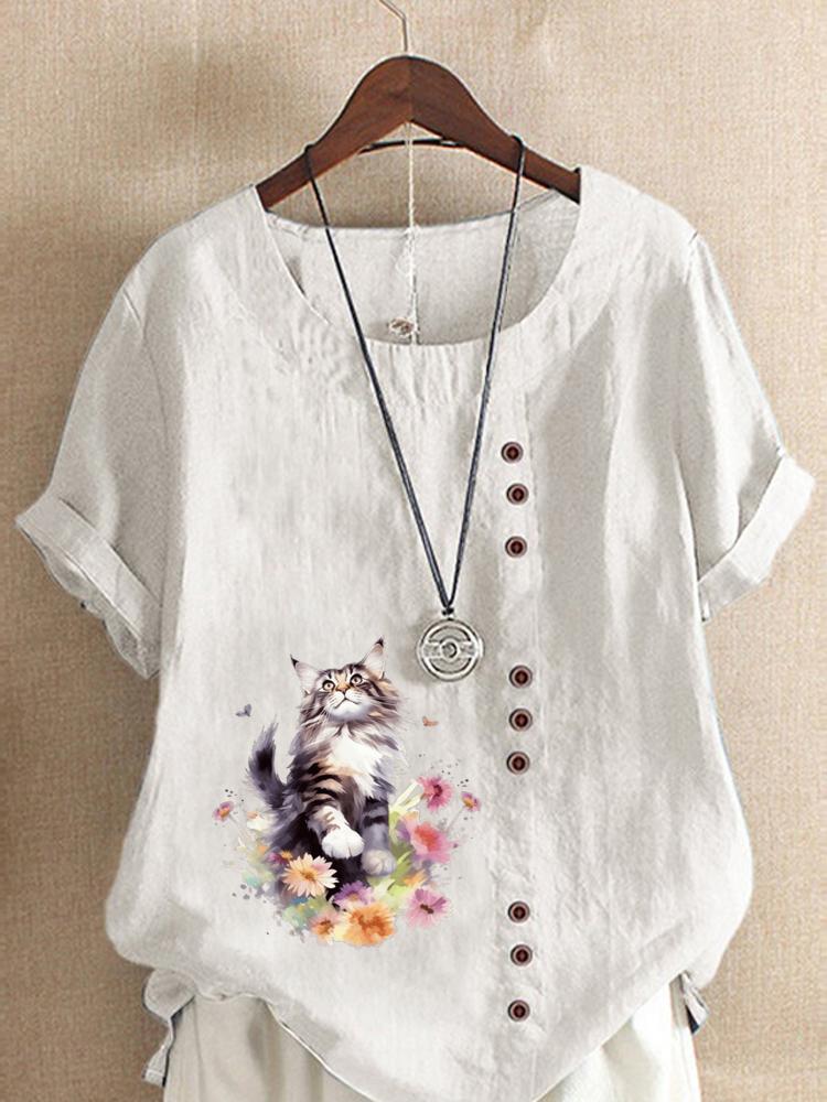 Women's Fashion Floral Cat Print Round Neck Short Sleeve T-shirt Casual Cotton Linen Graphic Shirt Leisure Loose Summer Blouse Tops