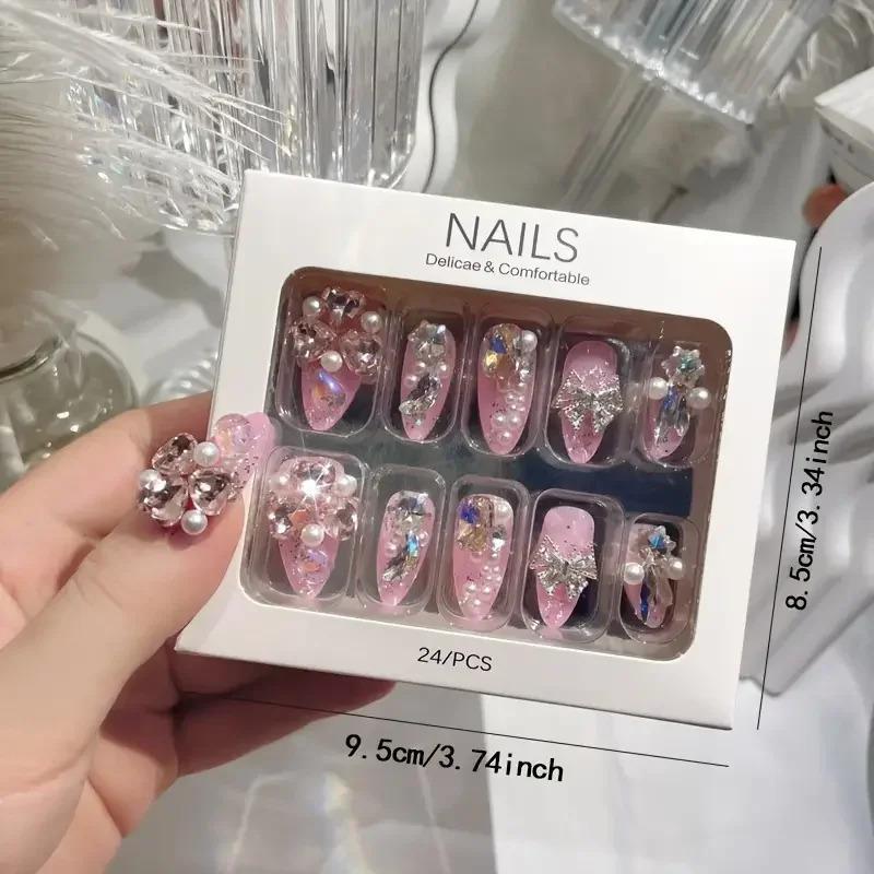 White Blue Color 3D Rabbit Star Rhinestone Designs-Full Cover Acrylic False Nails for Women and Girls Detachable Long Fake Nails