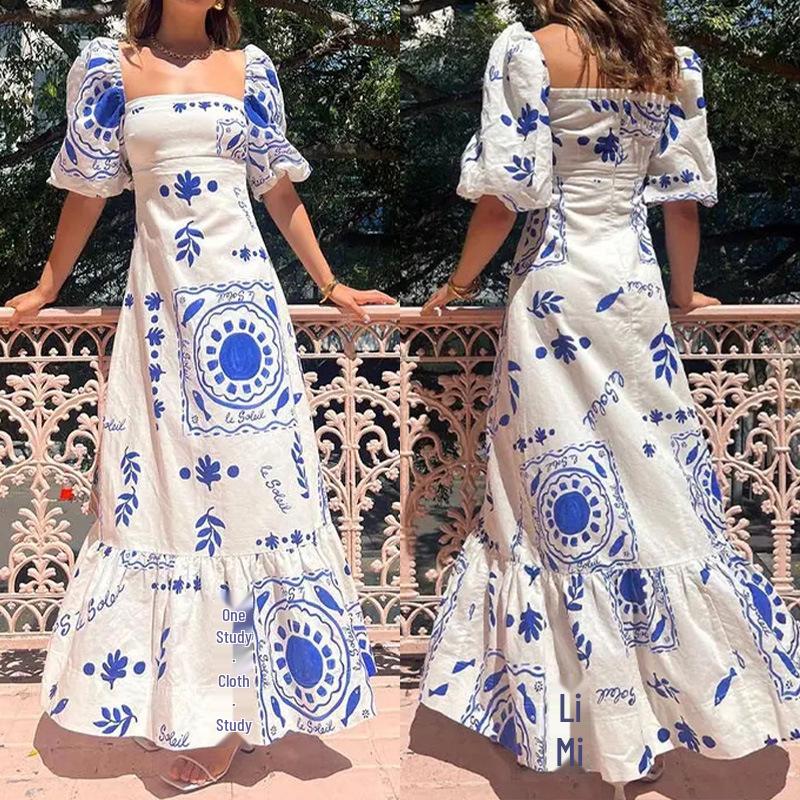 2026 Spring New Arrival: Elegant Lantern Sleeve A-line Dress with Print
