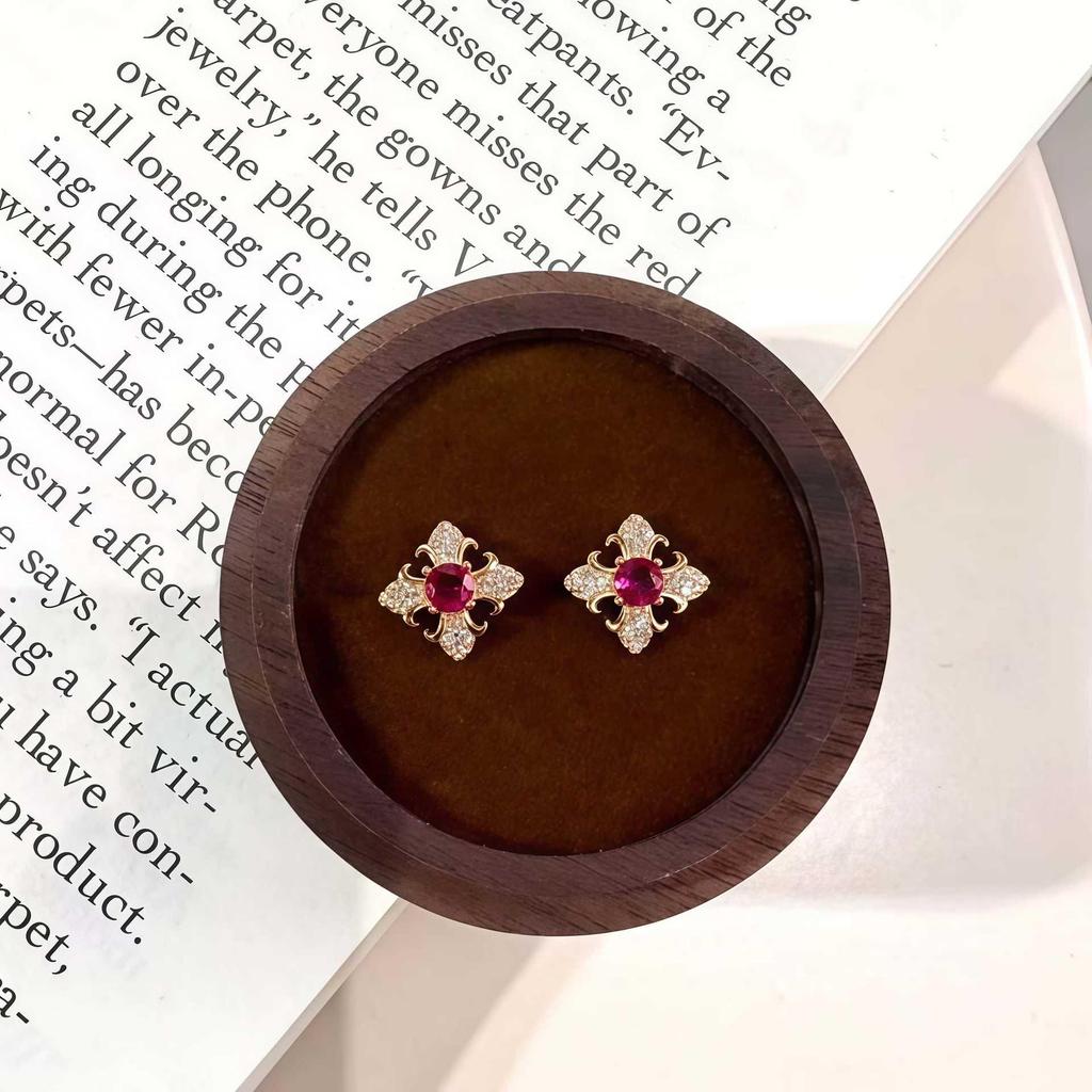 18K Gold-Plated Sterling Silver Stud Earrings with Red Diamond, Women's Versatile French Style Ear Jewelry.