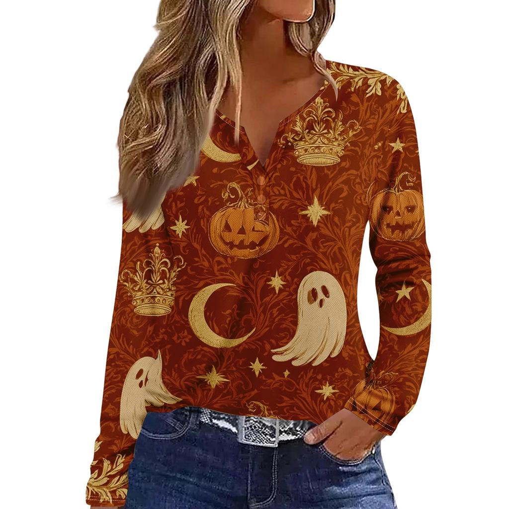 Women's Halloween Print V-Neck Long Sleeve T-Shirt with Button for Casual Holiday Wear
