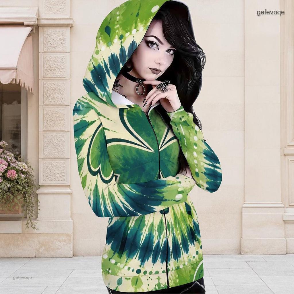 Women Plus Size Asymmetric Cutout Neck Cold Shoulder Long Sleeve Fitted Top Dark Green Golden Clover Printed