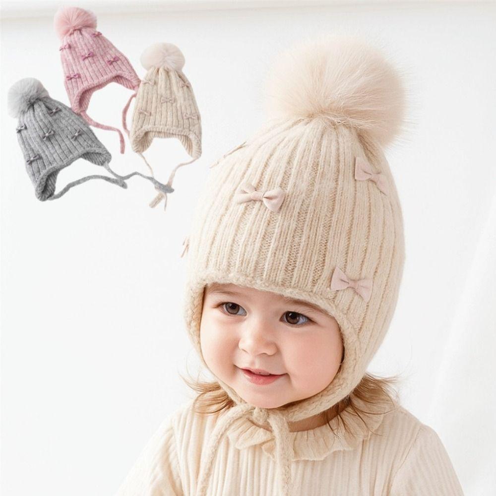 Ears Protection Kids Bonnet Hat Pompom Bows Girl Cap Cute Ears Protection Hat  Autumn