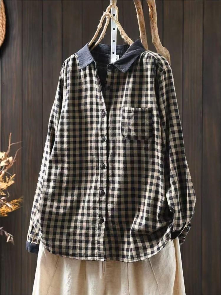 Johnature Vintage Plaid Shirts for Women Long Sleeve Spring Blouses with Turn Down Collar and Button Pockets