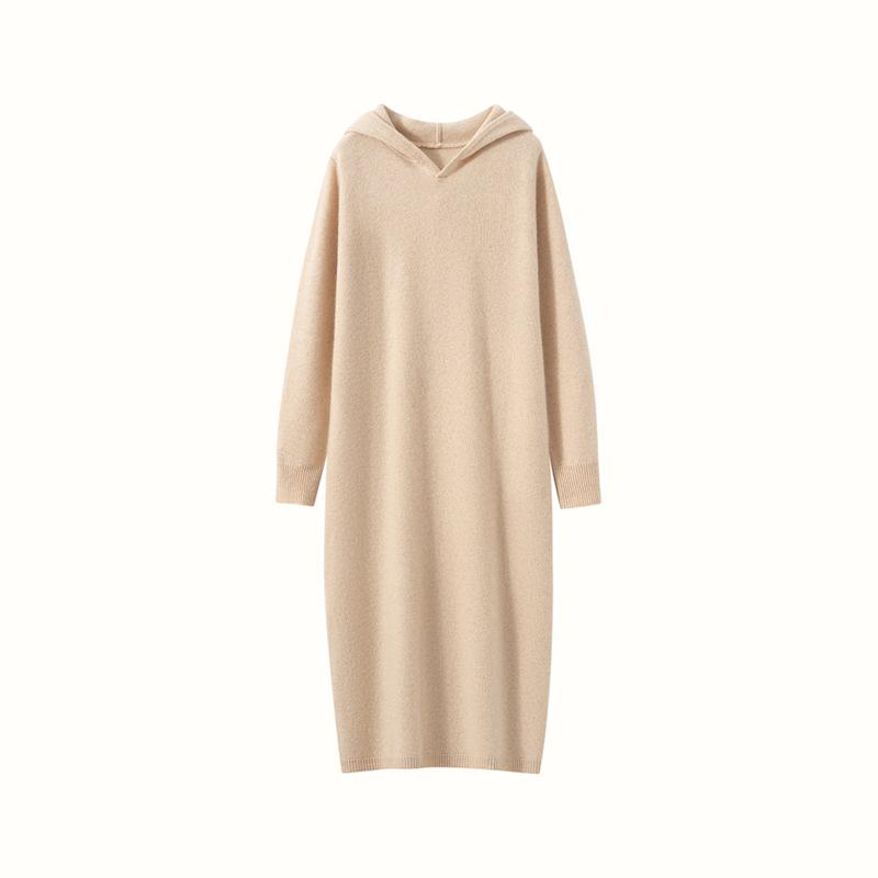 Autumn/Winter Hooded Wool Knit Sweater Dress - Solid, Loose, Soft, Warm, Mid-Length Cashmere.