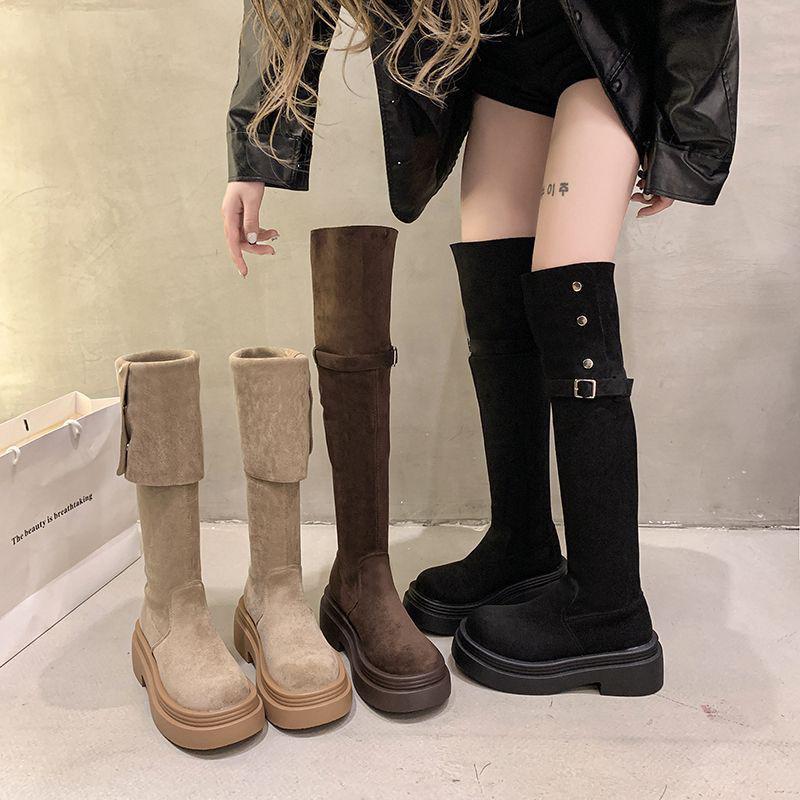 2025 Autumn/Winter Women's Chunky Heel Knee-High Foldable Boots