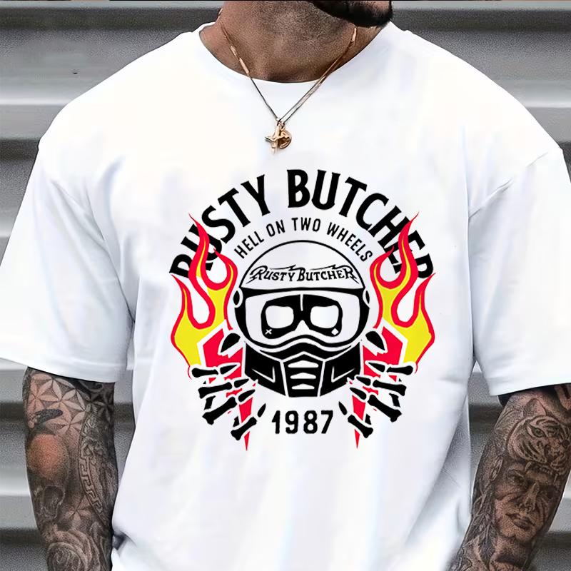 MotorcycleTshirt RustyButcher Biker American Vintage Ride West Coast Short Sleeve Grab Cotton Tshirt