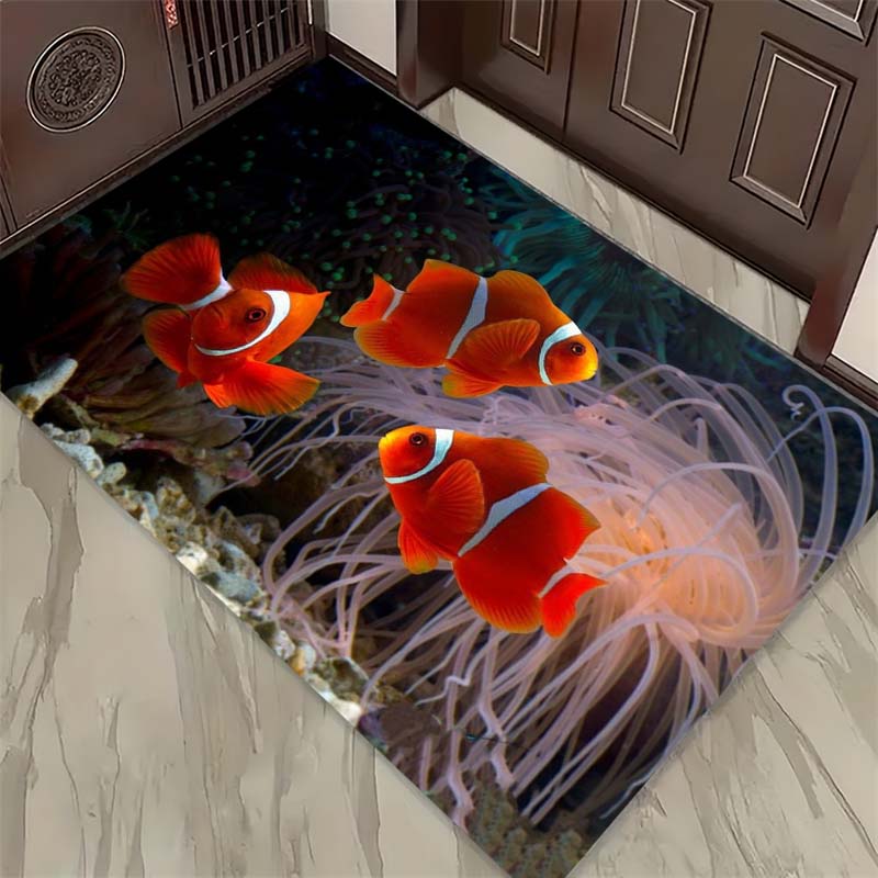 Ocean Life Print Doormat, Non-Slip Entrance Floor Mat with Sea Turtle, Dolphin & Octopus Design, Indoor Rug for Sea Lovers