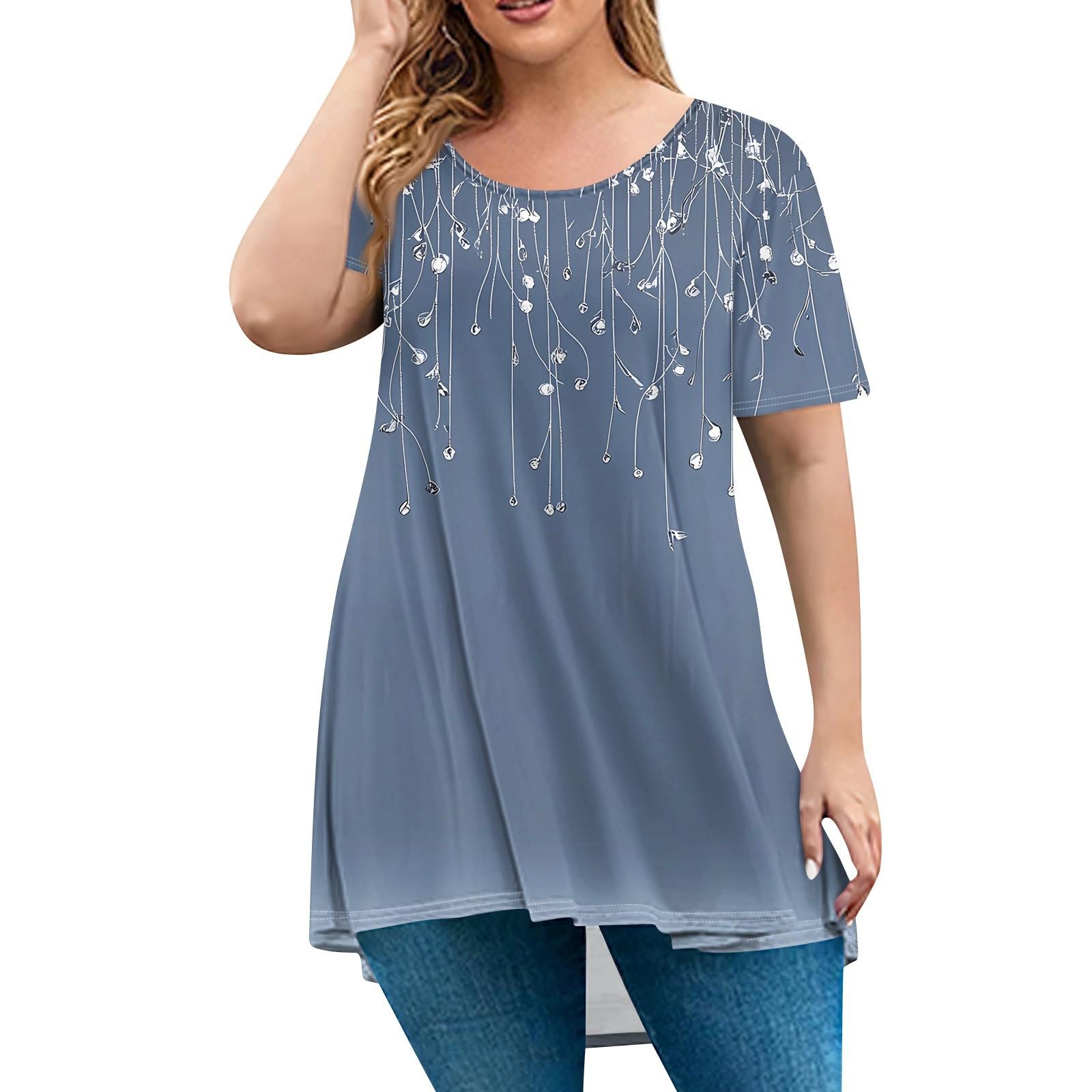 

Женская мода большого размера с круглым вырезом и коротким рукавом, повседневный свободный пуловер с принтом XL тёмно-синий