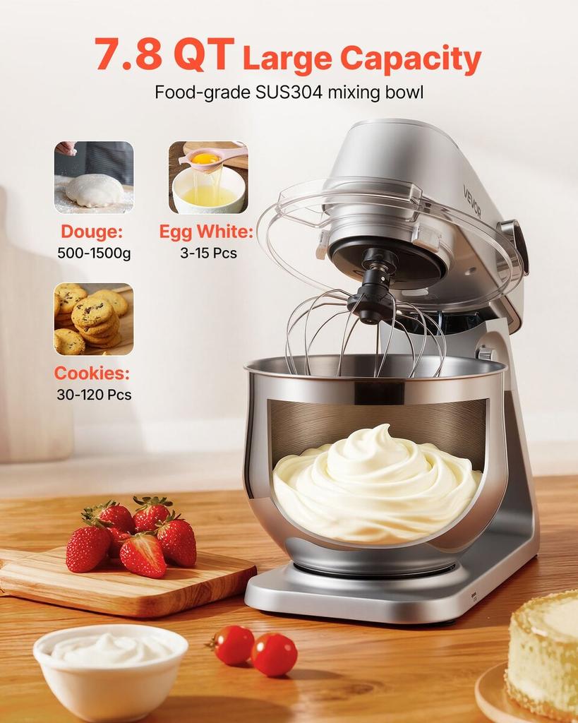Stand Mixer, 7.4 L Electric Kitchen Mixer, 1800W Dough-Mixer, 10 Speeds Tilt-head Food-Mixer with Stainless Steel Bowl, Dough Hook, Whisk, Beater, for