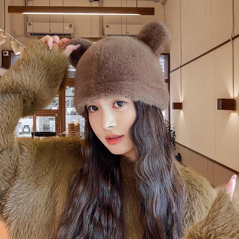 Hat Women's Winter New Cute Simple Versatile Plush Hat Outdoor Warm Windproof Cover Knitted Hat Women