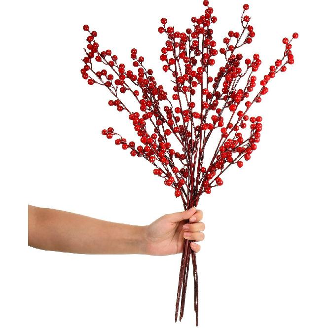 WILLBOND Artificial Red Berry Stems 21.6 Inch Christmas Red Berries Holly Berry Branches for Christmas Tree New Year Decor DIY Craft (8, Simple
