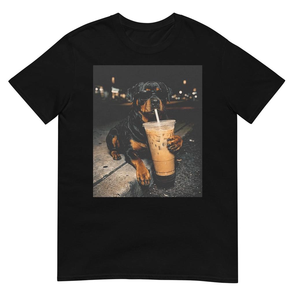 Cool Rottweiler Drinking Iced Coffee Funny Dog Art T-Shirt