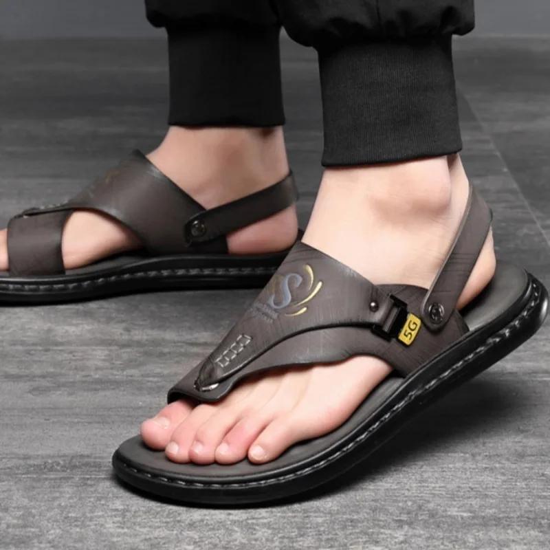 Sandali da Uomo di Alta Qualità Sandali Casual in Pelle di Lusso Scarpe da Spiaggia Antiscivolo da Esterno per Uomo Estate Sandalia Infradito con Zeppa