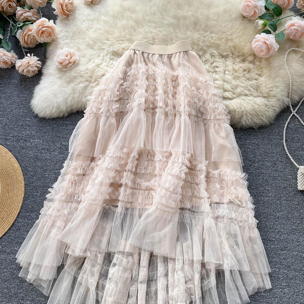 Gerüschter Feen-Temperament-Rock Frühling und Sommer Dünn und Lang Hohe Taille A-Linienform Mesh Unregelmäßiger Kuchenrock