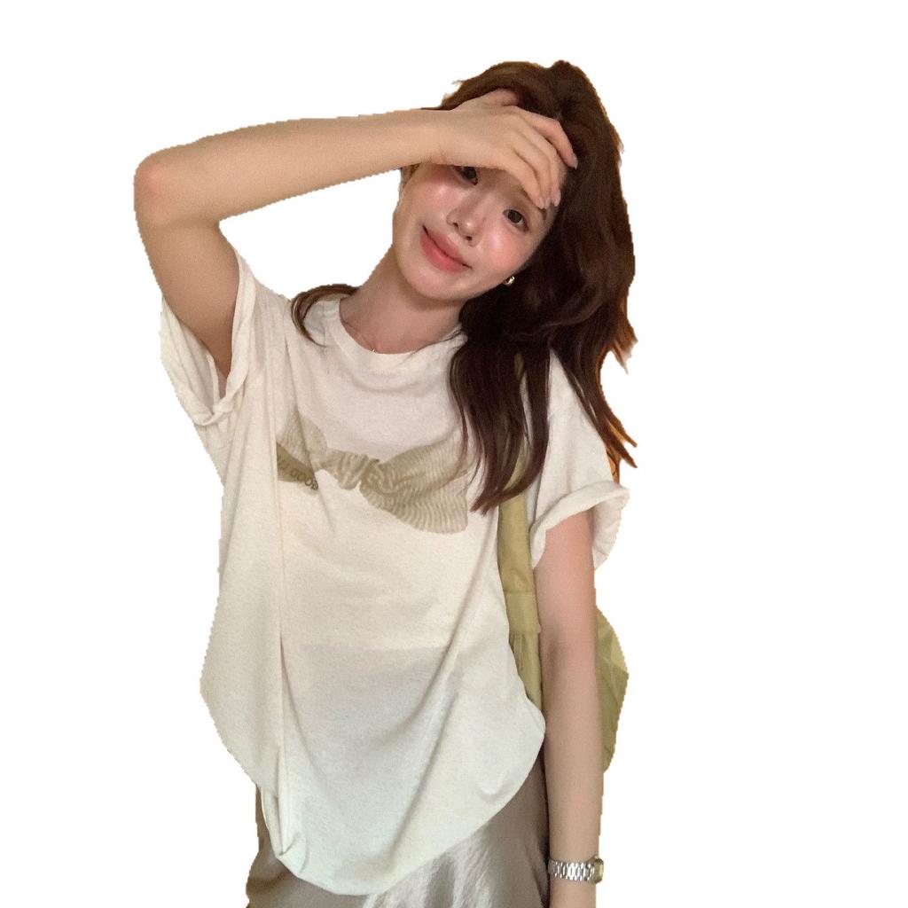 Korean apricot bow print short-sleeved T-shirt women's summer new loose and versatile slim crew neck top