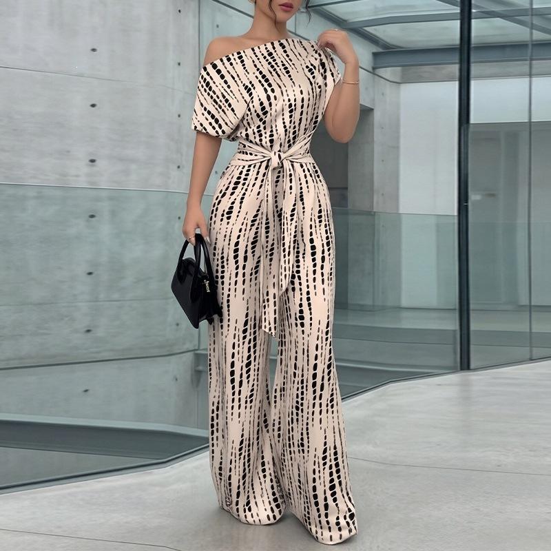 2026 Spring New Women s Fashion Casual Slash Shoulder Printed Lace-Up Waist onesie S белый