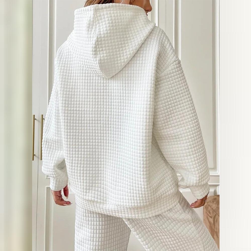 Women Hoodie Plaid Round Neck Pocket Pullover Long Sleeve Solid Color Jacket