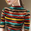 Half Turtleneck Base Shirt for Women New Women's Contrasting Striped Mid-sleeved T-shirt Stretch-waisted Mesh Top